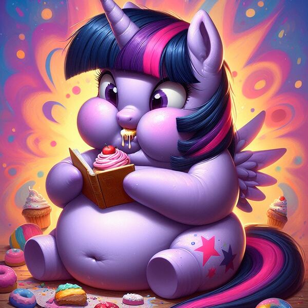 Size: 1024x1024 | Tagged: safe, ai content, derpibooru import, machine learning generated, prompter:inflationvideotv, twilight sparkle, twilight sparkle (alicorn), alicorn, book, cupcake, fat, food, image, jpeg, solo, twilard sparkle