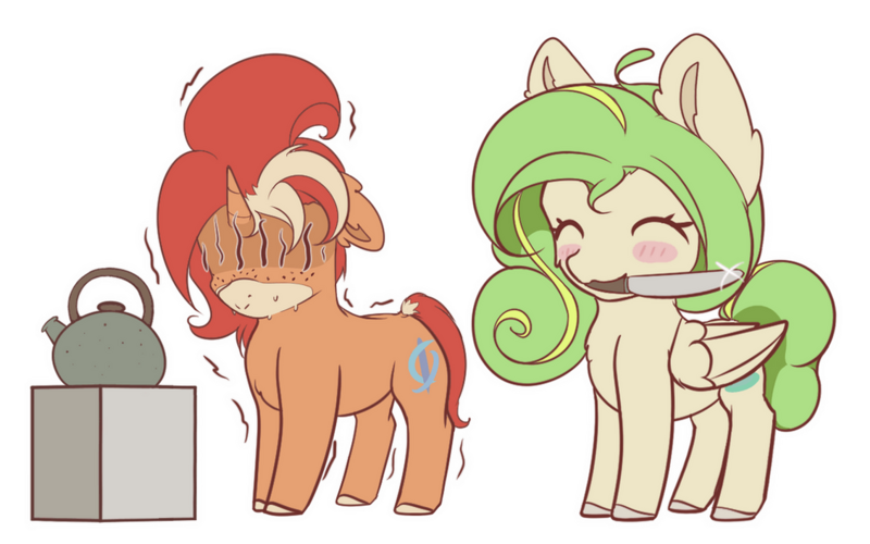 Size: 1131x707 | Tagged: safe, artist:aterhut, oc, oc:rettie, oc:teadrop, unofficial characters only, pegasus, pony, unicorn, blush sticker, blushing, emanata, eyes closed, female, floppy ears, food, image, kettle, knife, mare, mouth hold, png, scared, simple background, sticker, tea, transparent background, unshorn fetlocks