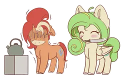 Size: 1131x707 | Tagged: safe, artist:aterhut, oc, oc:rettie, oc:teadrop, unofficial characters only, pegasus, pony, unicorn, blush sticker, blushing, emanata, eyes closed, female, floppy ears, food, image, kettle, knife, mare, mouth hold, png, scared, simple background, sticker, tea, transparent background, unshorn fetlocks
