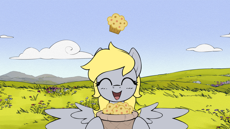 Size: 1920x1080 | Tagged: safe, artist:quotepony, derpibooru import, edit, editor:derpsa, derpy hooves, pegasus, pony, basket, cute, eyes closed, female, food, happy, image, mare, marequest, marequest:ait, muffin, open mouth, png, solo, solo female, spread wings, wings