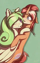 Size: 1200x1875 | Tagged: safe, artist:aterhut, oc, oc:rettie, oc:teadrop, unofficial characters only, pegasus, pony, unicorn, duo, female, floppy ears, green background, hug, image, looking at someone, looking at you, mare, one eye closed, png, simple background, wink