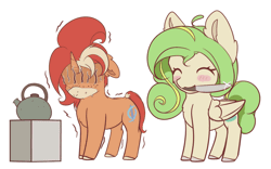 Size: 1200x750 | Tagged: safe, artist:aterhut, oc, oc:rettie, oc:teadrop, unofficial characters only, pegasus, pony, unicorn, animated, blush sticker, blushing, dancing, emanata, eyes closed, female, floppy ears, food, freckles, gif, image, kettle, knife, mare, mouth hold, scared, simple background, sticker, tea, transparent background, unshorn fetlocks