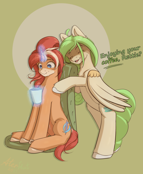 Size: 1284x1562 | Tagged: safe, artist:aterhut, oc, oc:rettie, oc:teadrop, unofficial characters only, pegasus, pony, unicorn, bipedal, coffee, duo, eyes closed, female, green background, hug, image, magic, mare, png, simple background, sitting, telekinesis, threat, unshorn fetlocks