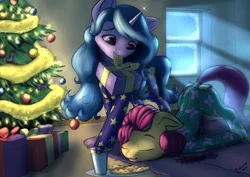 Size: 3508x2480 | Tagged: safe, artist:playful wings, derpibooru import, izzy moonbow, sunny starscout, earth pony, unicorn, g5, bum flap, christmas, christmas tree, clothes, cookie, cute, food, holiday, image, milk, onesie, pajamas, png, present, tree