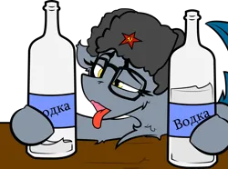 Size: 3153x2343 | Tagged: safe, artist:polynya, artist:ralek, oc, oc:mosina, unofficial characters only, bat pony, pony, alcohol, drunk, floppy ears, glasses, hat, image, png, simple background, table, tongue out, transparent background, ushanka, vodka