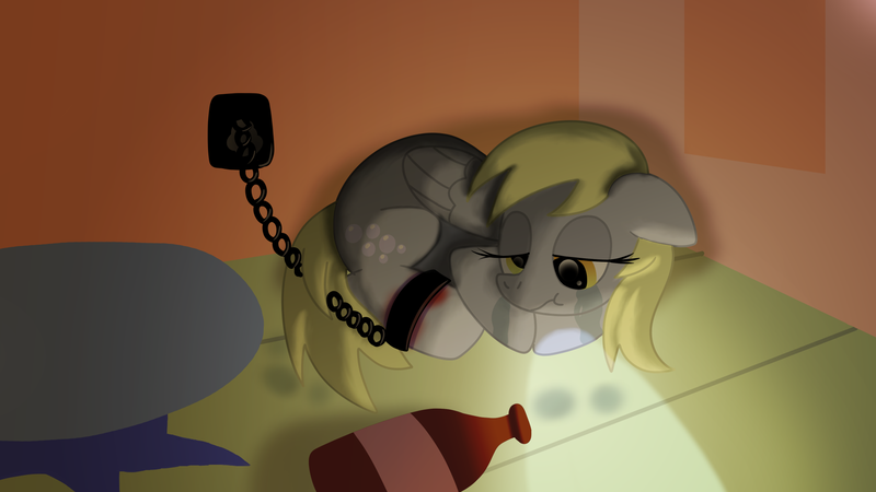 Size: 1920x1080 | Tagged: semi-grimdark, artist:platinumdrop, derpibooru import, derpy hooves, pegasus, pony, abuse, alcohol, ankle cuffs, blood, bottle, bound, bruised, chains, commission, crying, cuffs, cute, depressed, derpybuse, dimly lit, drink, female, floppy ears, folded wings, g4, image, indoors, light, looking down, lying down, mare, png, prisoner, room, sad, sad pony, sadorable, shackles, slave, solo, table, tears of sadness, teary eyes, wings