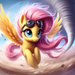 Size: 1024x1024 | Tagged: safe, ai content, machine learning generated, ponerpics import, ponybooru import, fluttershy, pegasus, pony, bing, female, fluffy, flying, goggles, goggles on head, image, jpeg, mare, solo, tornado, wind, windswept mane
