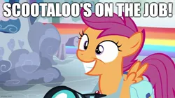 Size: 888x499 | Tagged: safe, derpibooru import, edit, edited screencap, screencap, scootaloo, pegasus, pony, parental glideance, bob the builder, camera, cute, cutealoo, female, filly, foal, grin, image, jpeg, meme, parody, reference, scene parody, smiling, solo, solo female, song in the description, spud the scarecrow