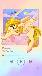 Size: 1152x2048 | Tagged: safe, artist:pumasnooze, derpibooru import, oc, oc:caramel drop, unofficial characters only, pegasus, pony, cloud, female, image, jpeg, lidded eyes, lying down, lying on a cloud, mare, no source available, on a cloud, ponies in background, smiling, song reference, spotify