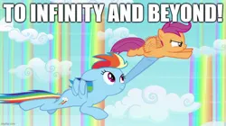 Size: 888x499 | Tagged: safe, derpibooru import, edit, edited screencap, screencap, rainbow dash, scootaloo, pegasus, pony, sleepless in ponyville, buzz lightyear, duo, female, filly, flying, foal, image, jpeg, mare, meme, parody, rainbow falls (location), reference, scene parody, siblings, sisters, smiling, toy story, woody