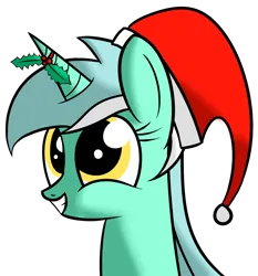 Size: 1164x1250 | Tagged: safe, artist:polynya, lyra heartstrings, pony, unicorn, christmas, female, grin, happy, hat, holiday, image, looking up, mare, mistletoe, png, santa hat, simple background, smiling, solo, transparent background