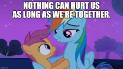 Size: 889x500 | Tagged: safe, derpibooru import, edit, edited screencap, screencap, rainbow dash, scootaloo, pegasus, pony, sleepless in ponyville, cute, cutealoo, dashabetes, duo, female, filly, foal, grin, hug, image, jpeg, looking at each other, looking at someone, luigi, mare, mario, meme, night, parody, reference, scene parody, scootalove, siblings, sisters, smiling, starry night, super mario bros., the super mario bros. movie, winghug, wings