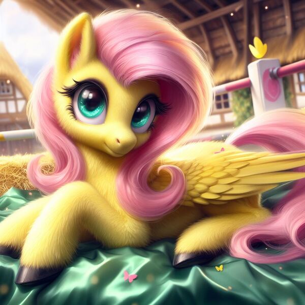 Size: 1024x1024 | Tagged: safe, ai content, machine learning generated, ponerpics import, ponybooru import, fluttershy, pegasus, pony, aside glance, bing, female, fluffy, hay, image, jpeg, looking at you, mare, prone, satin, sideways glance, solo, unshorn fetlocks