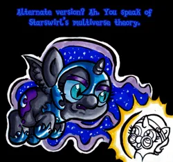 Size: 1162x1086 | Tagged: safe, artist:darkone10, artist:legaspingman, derpibooru import, nightmare moon, oc, oc:nyx, alicorn, pony, alicorn oc, black background, cute, dream orb, dream orbs, dream realm, dream walker, dreamscape, duo, duo female, female, filly, floating, foal, g4, horn, image, implied self ponidox, incoming, incoming self ponidox, nightmare woon, nyxabetes, ocbetes, png, self paradox, self ponidox, simple background, text, the fun has been doubled, tumblr:asktwilyandwoon, wings