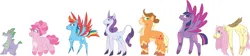 Size: 6757x1510 | Tagged: safe, artist:prixy05, derpibooru import, applejack, fluttershy, pinkie pie, rainbow dash, rarity, spike, twilight sparkle, twilight sparkle (alicorn), alicorn, dragon, earth pony, pegasus, pony, unicorn, alternate design, female, g4, image, line-up, male, mane seven, mane six, mare, png, simple background, white background