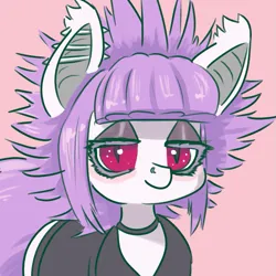 Size: 717x717 | Tagged: safe, artist:fluor1te, derpibooru import, oc, oc:mockery, unofficial characters only, bat pony, pony, bat ears, bat pony oc, bat wings, clothes, collar, digital art, ear piercing, eyelashes, eyeshadow, female, image, looking at you, makeup, mane, mare, nose piercing, piercing, pink background, png, purple hair, purple mane, purple tail, red eyes, simple background, slit pupils, solo, tail, white body, white coat, white fur, wings