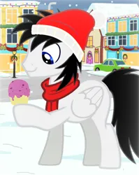 Size: 828x1040 | Tagged: safe, artist:star-heart2002, derpibooru import, oc, oc:shane park, pegasus, city, clothes, food, hat, ice cream, ice cream cone, image, male, png, scarf, snow, solo, winter, winter hat