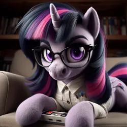 Size: 1024x1024 | Tagged: safe, ai content, machine learning generated, ponerpics import, ponybooru import, twilight sparkle, twilight sparkle (alicorn), alicorn, pony, angry video game nerd, bing, clothes, controller, couch, female, fluffy, glasses, image, jpeg, looking at you, lying down, mare, nerd, nintendo entertainment system, parody, pen, prone, shirt, solo