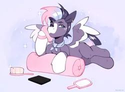 Size: 3310x2445 | Tagged: safe, artist:sugarstar, derpibooru import, oc, pegasus, pony, brush, ear piercing, image, lying down, piercing, png, solo, sparkles, spread wings, wings