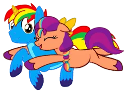 Size: 541x400 | Tagged: safe, artist:star-heart2002, derpibooru import, sunny starscout, oc, oc:shield wing, alicorn, earth pony, pony, g5, eyes closed, female, g4, g5 to g4, generation leap, hug, image, male, mare, png, ship:shieldscout, simple background, stallion, straight, transparent background