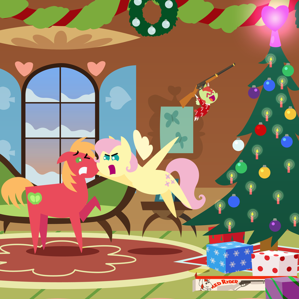 Size: 2160x2160 | Tagged: safe, anonymous artist, derpibooru import, big macintosh, fluttershy, oc, oc:late riser, earth pony, pegasus, pony, series:fm holidays, series:hearth's warming advent calendar 2023, a christmas story, advent calendar, alternate hairstyle, angry, argument, baby, baby pony, bb gun, christmas, christmas presents, christmas tree, clothes, colt, eyes closed, face grab, family, female, fluttermac, fluttershy's cottage, flying, foal, g4, gritted teeth, happy, high res, holiday, hoof hold, image, lineless, male, mare, offspring, one eye closed, open mouth, open smile, pajamas, parent:big macintosh, parent:fluttershy, parents:fluttermac, png, pointy ponies, present, shipping, short mane, smiling, stallion, straight, teeth, tree
