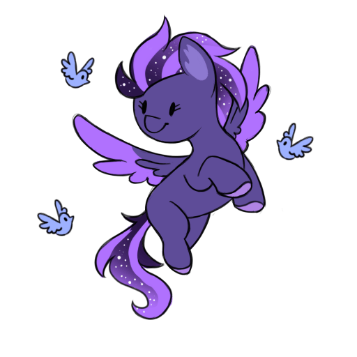 Size: 512x512 | Tagged: safe, artist:_candypone_, derpibooru import, oc, oc:shadow galaxy, unofficial characters only, bird, pegasus, pony, chibi, commission, ethereal mane, female, flying, hooves, image, mare, png, simple background, smiling, solo, starry mane, starry tail, tail, transparent background