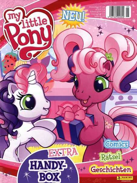 Size: 603x800 | Tagged: safe, derpibooru import, official, cheerilee (g3), sweetie belle (g3), earth pony, pony, unicorn, g3, 2010, 2010s, barcode, bipedal, box, duo, english, female, filly, foal, g3.5, german, image, jpeg, kitchen, magazine, mare, merchandise, my little pony logo, needs more jpeg, open mouth, open smile, pigtails, present, rearing, smiling, text