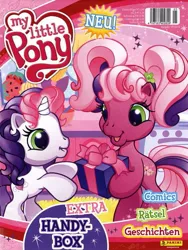 Size: 603x800 | Tagged: safe, official, cheerilee (g3), sweetie belle (g3), pony, g3, barcode, bipedal, box, duo, english, female, filly, g3.5, german, image, jpeg, magazine, mare, merchandise, my little pony logo, open smile, pigtails, present, rearing, smiling