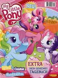 Size: 601x800 | Tagged: safe, official, cheerilee (g3), rainbow dash (g3), sweetie belle (g3), earth pony, pony, unicorn, g3, barcode, bipedal, camera, curly hair, english, female, filly, food, g3.5, german, image, jpeg, mare, merchandise, outdoors, pigtails, text, trio