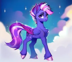 Size: 704x600 | Tagged: safe, ai content, derpibooru import, machine learning generated, stable diffusion, oc, oc:shadow galaxy, unofficial characters only, pegasus, pony, cheek fluff, chest fluff, cloud, derpibooru exclusive, ethereal mane, female, fluffy, generator:purplesmart.ai, hooves, image, looking at you, mare, night, png, prompter:shad0w-galaxy, smiling, solo, starry mane, starry tail, stars, tail, unshorn fetlocks