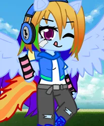 Size: 891x1080 | Tagged: safe, artist:80ssuperstar, derpibooru import, rainbow dash, anthro, equestria girls, clothes, female, gacha club, headphones, image, png, pony ears, solo, tail, wings