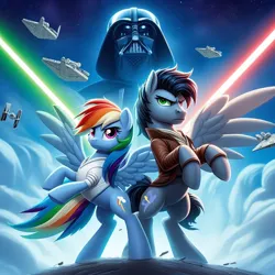 Size: 1024x1024 | Tagged: safe, ai content, derpibooru import, machine learning generated, prompter:*rainbow dash*, rainbow dash, soarin', clothes, cloud, darth vader, female, generator:bing image creator, image, jacket, lightsaber, male, png, shipping, soarindash, spaceship, star wars, straight, weapon