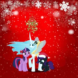 Size: 1000x1000 | Tagged: safe, artist:estories, artist:orin331, derpibooru import, queen chrysalis, twilight sparkle, twilight sparkle (alicorn), oc, oc:nyx, alicorn, changedling, changeling, pony, a better ending for chrysalis, adopted, adopted offspring, blushing, christmas, cute, cutealis, female, filly, foal, good end, grin, happy hearth's warming, hat, headcanon, headcanon in the description, hearth's warming, holiday, image, lesbian, mare, married couple, mistletoe, mother and child, mother and daughter, nyxabetes, ocbetes, orin's chrysalis, parent:queen chrysalis, parent:twilight sparkle, parents:twisalis, png, purified chrysalis, raised hoof, redemption, reformed, ribbon, santa hat, ship:twisalis, shipping, smiling, song in the description, spread wings, trio, twiabetes, wings