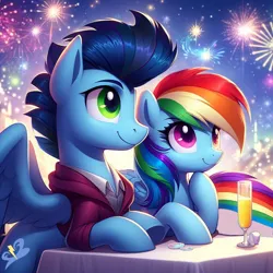 Size: 1024x1024 | Tagged: safe, ai content, derpibooru import, machine learning generated, prompter:*rainbow dash*, rainbow dash, soarin', alcohol, champagne, champagne glass, clothes, female, fireworks, generator:bing image creator, happy new year, holiday, image, jacket, male, png, shipping, smiling, soarindash, straight, table, wine