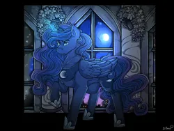 Size: 1280x960 | Tagged: safe, artist:binibean, derpibooru import, princess luna, alicorn, pony, canterlot castle, female, full moon, glow, glowing horn, horn, image, looking at you, mare, moon, png, smiling, smiling at you, solo