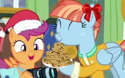 Size: 1023x640 | Tagged: artist needed, safe, derpibooru import, edit, edited screencap, screencap, scootaloo, windy whistles, pegasus, pony, parental glideance, ^^, adopted, adopted offspring, bag, camera, christmas, clothes, cookie, cute, cutealoo, duo, eyes closed, female, filly, foal, food, freckles, hat, headcanon, headcanon in the description, holiday, image, jacket, mare, open mouth, open smile, plate, png, ribbon, saddle bag, santa hat, scootadoption, scootalove, smiling, song in the description, windybetes