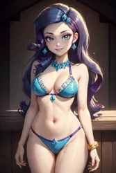 Size: 1024x1536 | Tagged: suggestive, ai content, derpibooru import, machine learning generated, rarity, human, belly button, bikini, bracelet, breasts, busty rarity, clothes, female, g4, gem, gemstones, generator:yodayo, hairpin, humanized, image, jewelry, jpeg, long hair, looking at you, midriff, necklace, prompter:sammykun, reasonably sized breasts, sexy, smiling, solo, standing, stupid sexy rarity, swimsuit, wide hips, wood