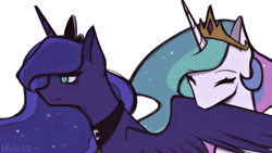 Size: 1920x1080 | Tagged: semi-grimdark, artist:halo12, princess celestia, princess luna, alicorn, pony, animated, blood, bone, crown, dismemberment, duo, eyes closed, female, image, jewelry, looking back, mare, mouth hold, nom, peytral, regalia, royal sisters, scared, siblings, sisters, spread wings, squeak, stare, webm, wings