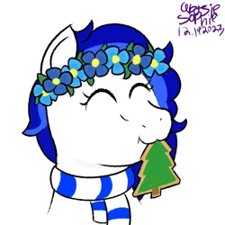 Size: 600x600 | Tagged: safe, artist:ideletedsystem64, derpibooru import, pegasus, pony, blue mane, christmas, clothes, cookie, eyes closed, female, floral head wreath, flower, food, happy, holiday, image, mare, nom, png, scarf, simple background, solo, white background, white coat