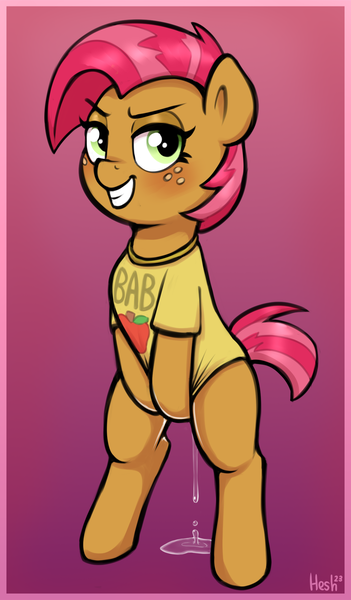 Size: 1088x1859 | Tagged: questionable, artist:heretichesh, derpibooru import, babs seed, pony, blushing, bottomless, clothes, covering, covering crotch, female, filly, foal, foalcon, g4, image, partial nudity, png, rearing, shirt, smug, solo, solo female, underage, vaginal secretions