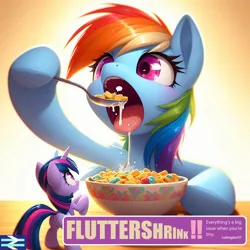 Size: 1024x1024 | Tagged: safe, ai content, artist:lukington17, derpibooru import, edit, machine learning generated, fluttershy, rainbow dash, twilight sparkle, pegasus, friendship is magic, accident, cereal, fiction, food, g4, image, imminent vore, micro, milk, png, poster, shrinking, unaware, unaware vore