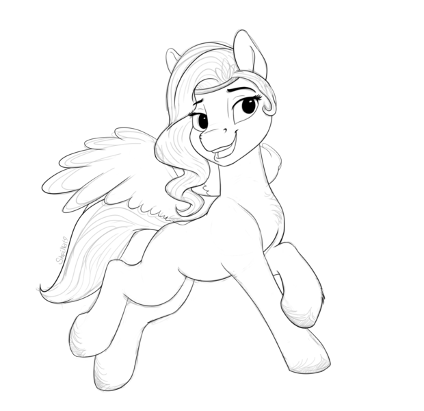 Size: 1833x1774 | Tagged: safe, artist:shpinat9, derpibooru import, pipp petals, pegasus, pony, g5, adorapipp, chest fluff, cute, female, headband, image, mare, monochrome, open mouth, open smile, png, smiling, solo, spread wings, wings