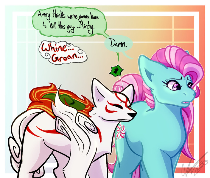 Size: 1193x1016 | Tagged: safe, artist:ghastimart, derpibooru import, minty, earth pony, pony, g3, abstract background, amaterasu, crossover, dialogue, i think we're gonna have to kill this guy, image, issun, jpeg, meme, okami, trio