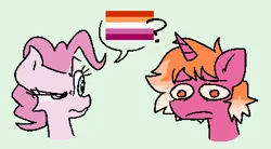 Size: 400x220 | Tagged: safe, artist:blex, derpibooru import, pinkie pie, oc, oc:nightwalker deluna, earth pony, pony, unicorn, colored, doodle, duo, dyed mane, eyebrows, frown, image, lesbian pride flag, looking at someone, png, ponk, pride, pride flag, question mark, raised eyebrow, simple background