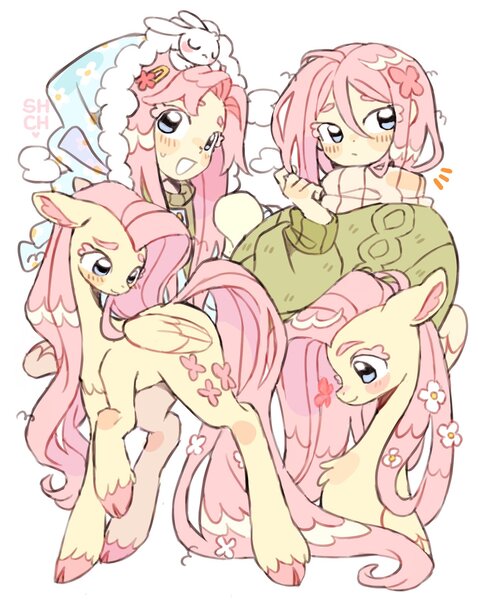 Size: 1536x1929 | Tagged: safe, artist:sharpycharot, derpibooru import, angel bunny, fluttershy, human, pegasus, pony, clothes, cute, eyes closed, female, g4, hairclip, humanized, image, jpeg, mare, raised hoof, self paradox, self ponidox, short hair, simple background, sleeping, sweater