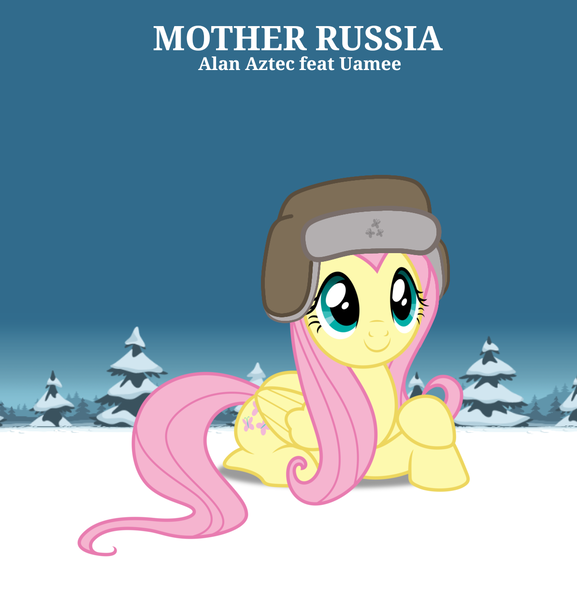 Size: 1194x1242 | Tagged: safe, artist:dashiesparkle, artist:edy_january, derpibooru import, edit, fluttershy, pegasus, pony, alan aztec, album, album cover, christmas, cold, forest, g4, gopnik, hardbass, hat, holiday, image, mother russia (song), music, nature, png, simple background, snow, snowland, solo, song, tree, uamee, ushanka, winter