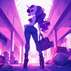 Size: 1024x1024 | Tagged: safe, ai content, derpibooru import, machine learning generated, rarity, anthro, unicorn, abandoned, ass, bag, big breasts, breasts, busty rarity, butt, clothes, curvy, denim, female, g4, handbag, high heels, image, jeans, low angle, mall, pants, png, prompter:horselover fat, rear view, sexy, shoes, sideboob, solo, tanktop