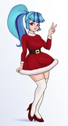 Size: 1510x2805 | Tagged: safe, artist:aquaticvibes, derpibooru import, sonata dusk, human, equestria girls, christmas, christmas outfit, clothes, dress, female, high heels, high res, holiday, humanized, image, peace sign, png, red shoes, shoes, simple background, socks, solo, thigh highs, thigh socks, white socks