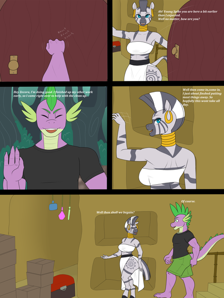 Size: 1500x2000 | Tagged: safe, artist:lurking tyger, derpibooru import, spike, zecora, anthro, dragon, plantigrade anthro, unguligrade anthro, zebra, comic:spike's curse, adult, adult spike, breasts, busty zecora, comic, dialogue, duo, duo male and female, female, image, knocking, male, older, older spike, png, speech bubble, zecora's hut