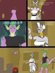 Size: 1500x2000 | Tagged: safe, artist:lurking tyger, derpibooru import, spike, zecora, anthro, dragon, plantigrade anthro, unguligrade anthro, zebra, comic:spike's curse, adult, adult spike, breasts, busty zecora, comic, dialogue, duo, duo male and female, female, image, knocking, male, older, older spike, png, speech bubble, zecora's hut